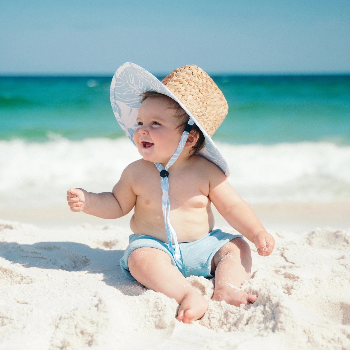 Little Straw Lifeguard Hat - Blue Monstera