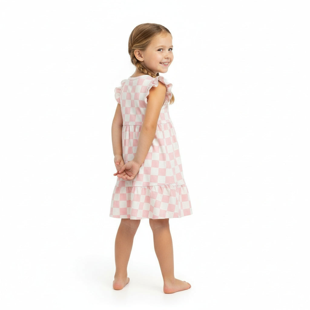 Barefoot Breeze Ruffle Sleeve Dress - Coastal Check