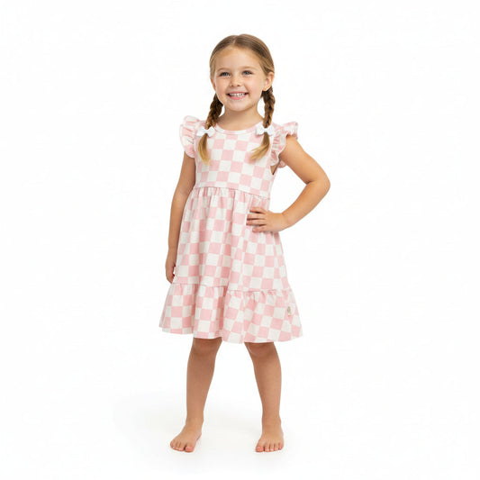 Barefoot Breeze Ruffle Sleeve Dress - Coastal Check