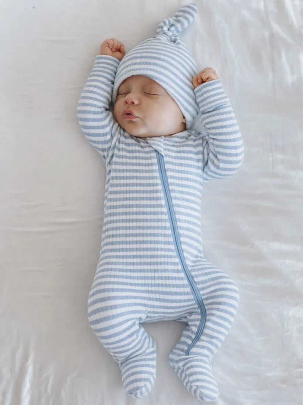 Dusty Blue Stripe / Ribbed 2-Way Zip Footie