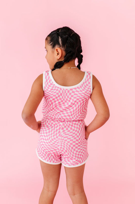 Bubblegum Wave Check Terry Tank Romper