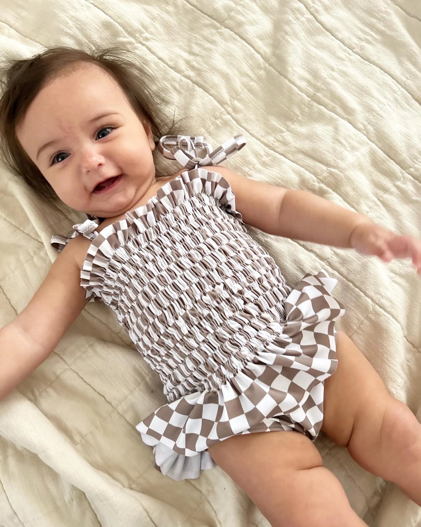 Checked Smocked One Piece Swim Suit