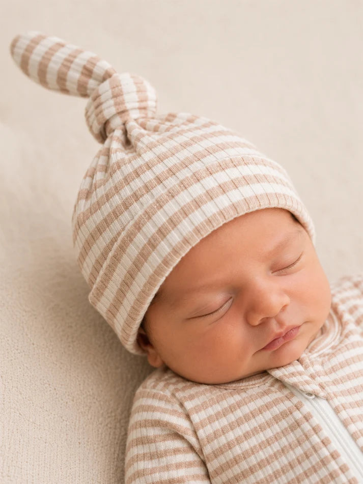 Tan Stripe Ribbed Beanie
