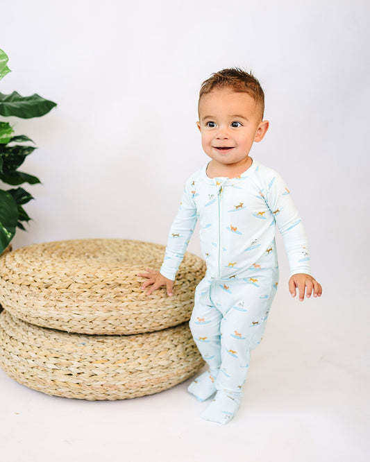 Blue Surfing Dogs Ribbed Zip Romper