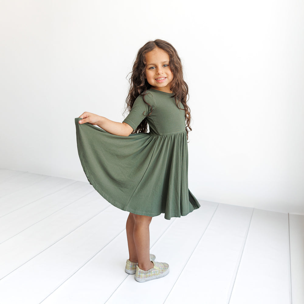 Mid-Sleeve Ribbed Twirl Dress - Moss