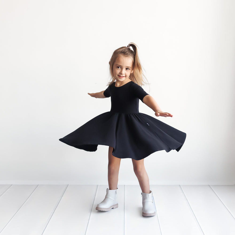 Mid-Sleeve Ribbed Twirl Dress - Midnight
