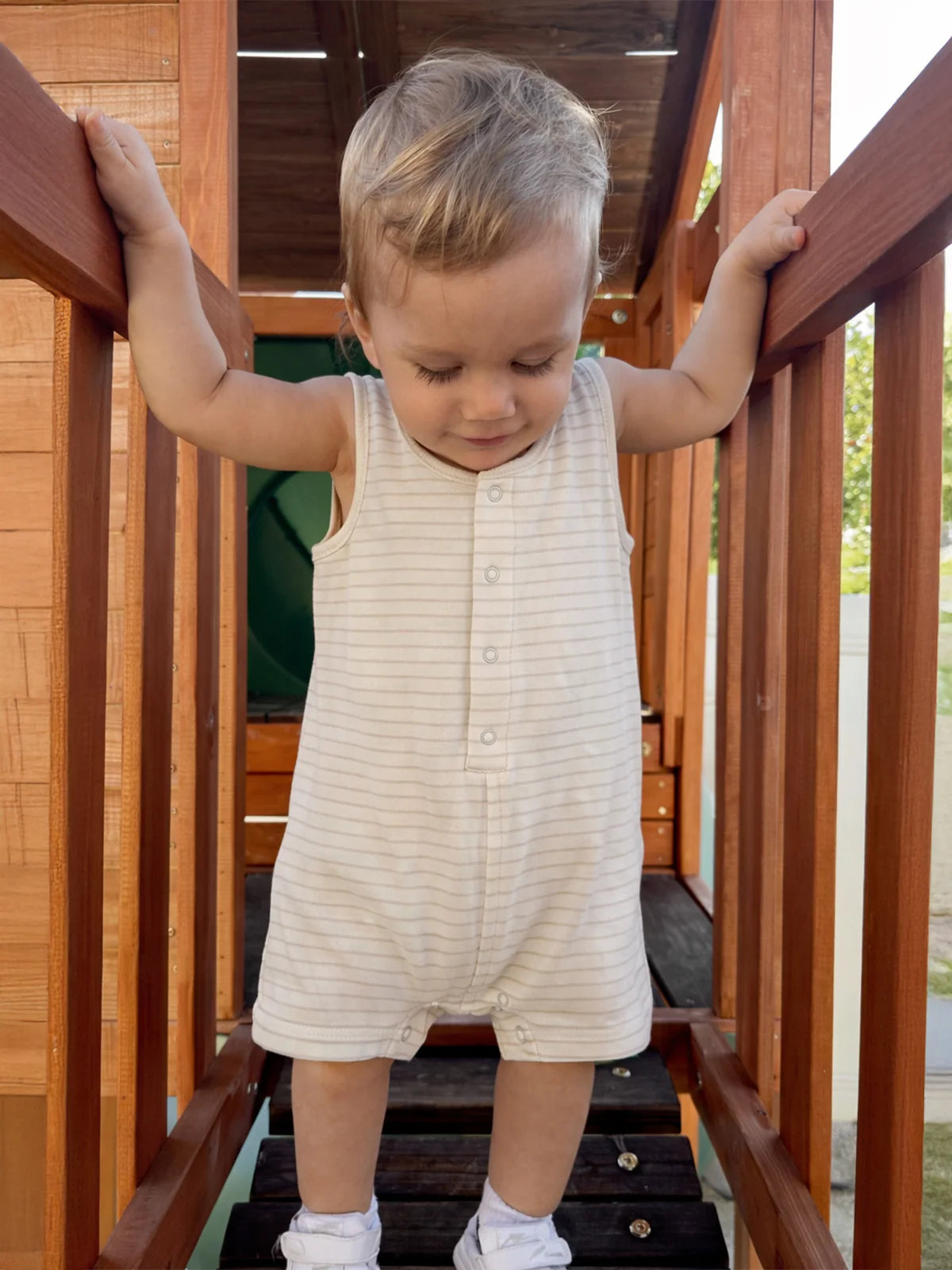 Sage Pencil Stripe - Organic Shortie Romper