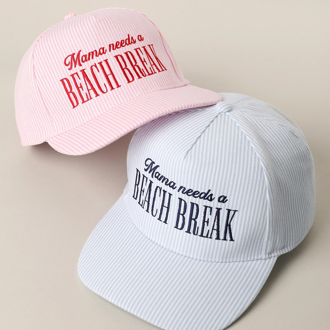 Mama Needs a Beach Break Embroidered Striped Trucker Hat - Pink