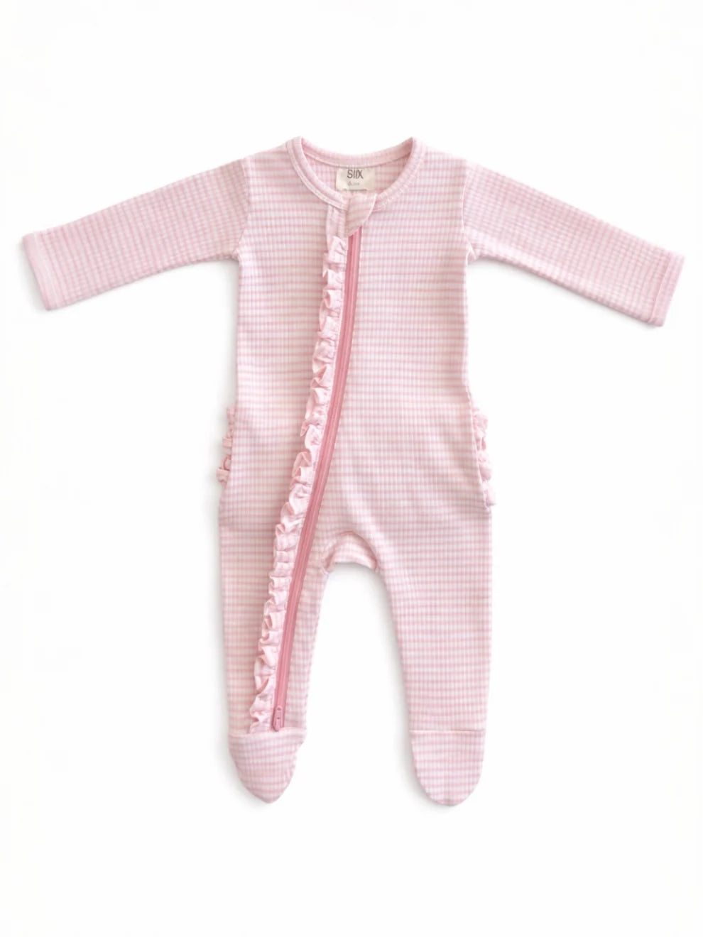 Pink Stripe Ribbed Frill 2-Way Zip Footie