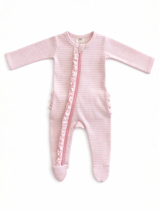 Pink Stripe Ribbed Frill 2-Way Zip Footie