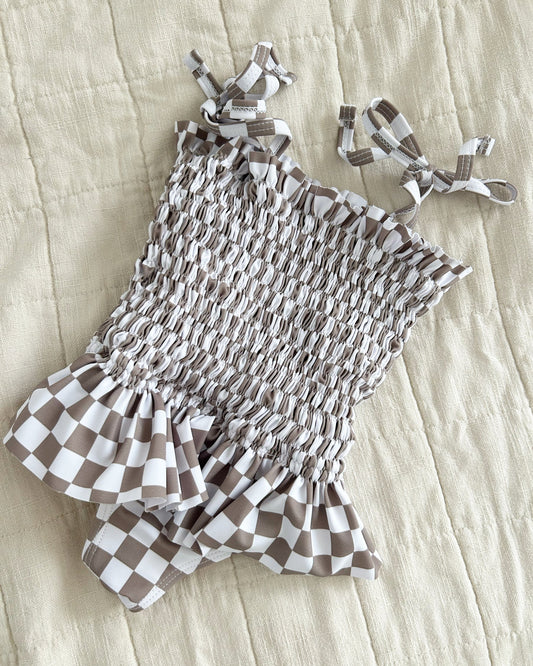 Checked Smocked One Piece Swim Suit