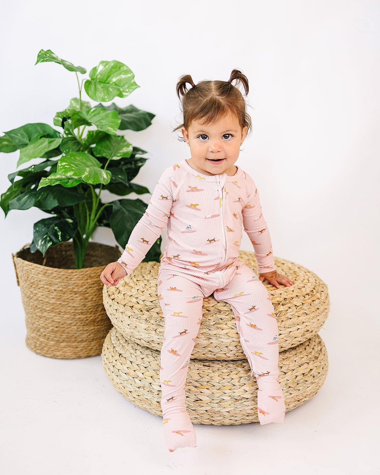 Pink Surfing Dogs Ribbed Zip Romper