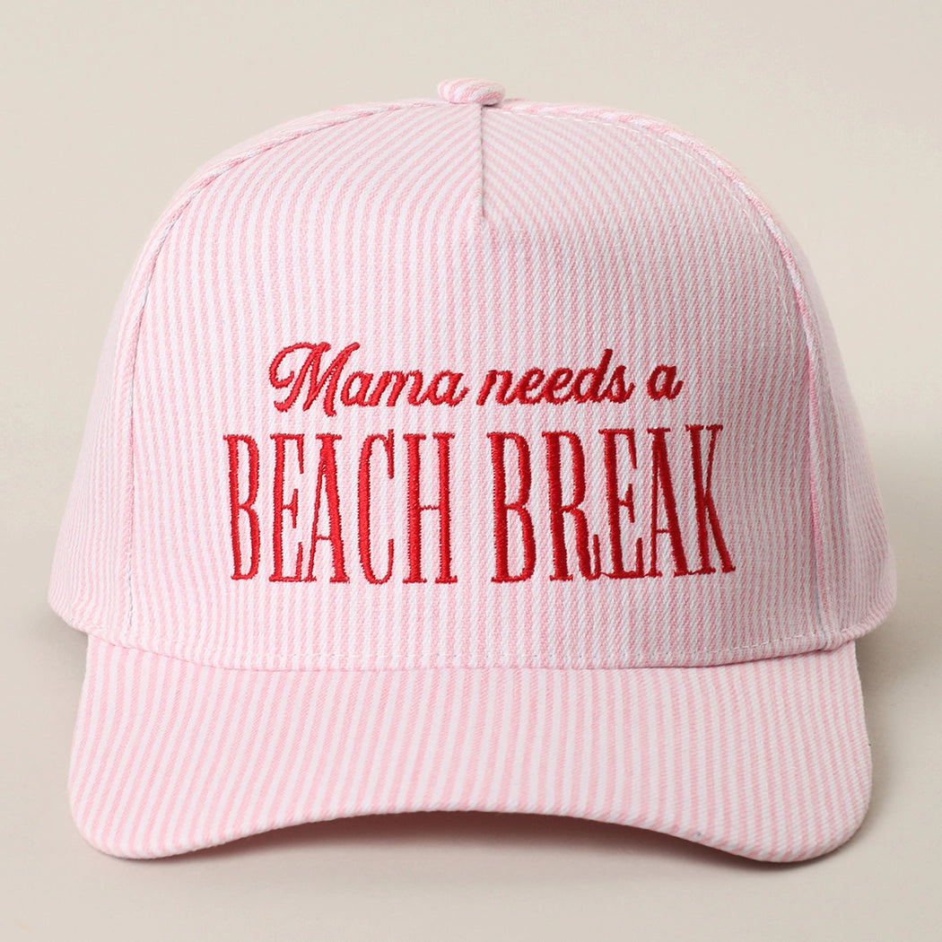 Mama Needs a Beach Break Embroidered Striped Trucker Hat - Pink