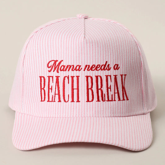 Mama Needs a Beach Break Embroidered Striped Trucker Hat - Pink
