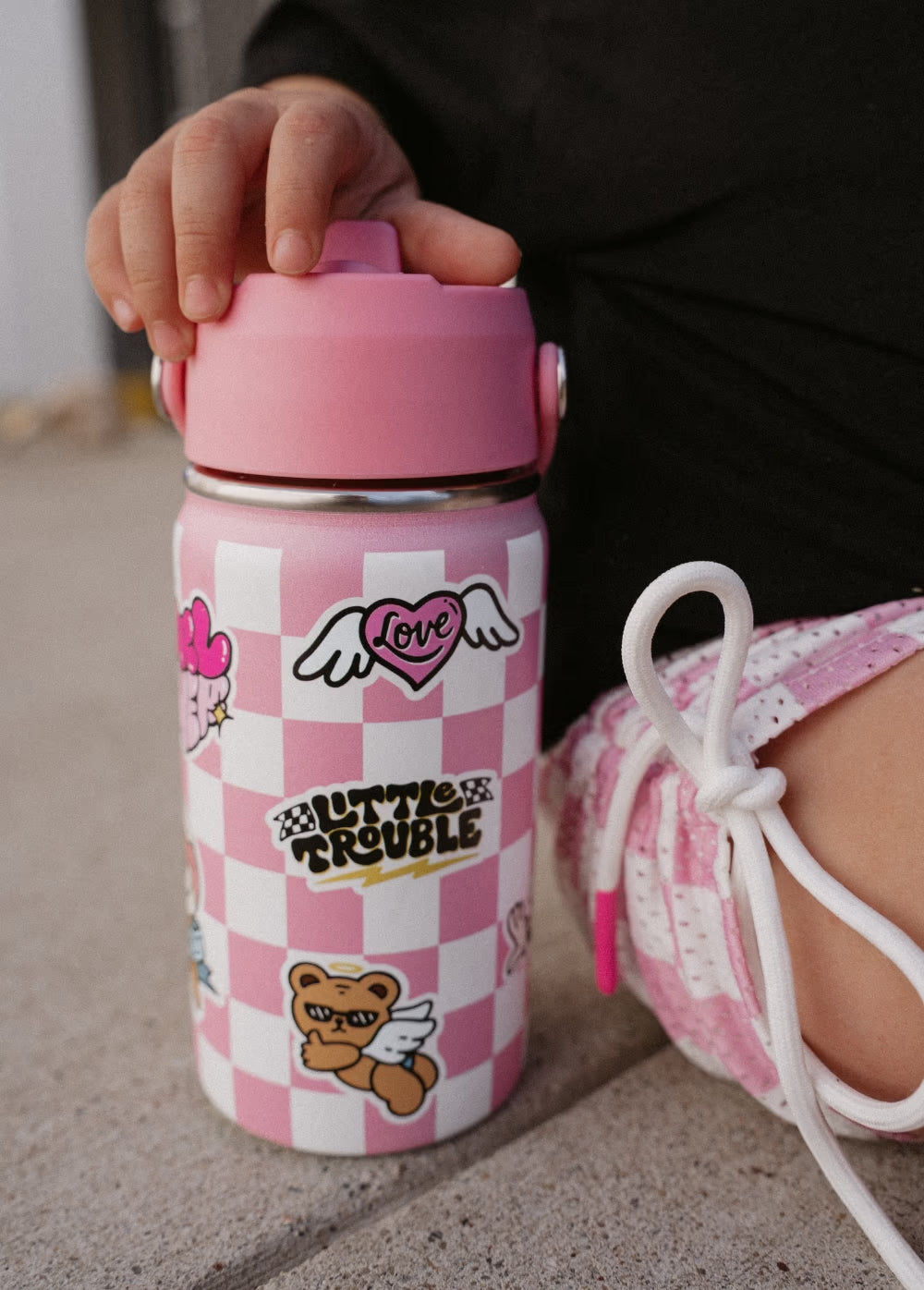 Pink Checkered Sticker Slap Water Bottle