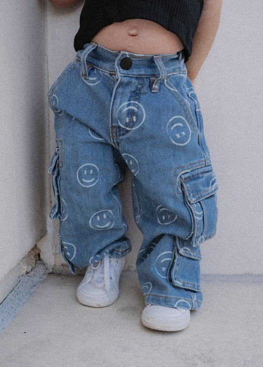 Smiley Face Baggy Jeans - Blue