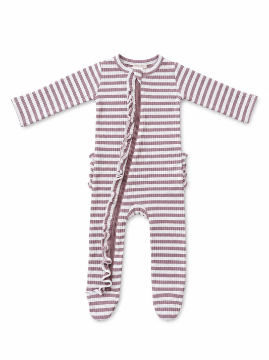 Violet Stripe Ribbed Frill 2-Way Zip Footie
