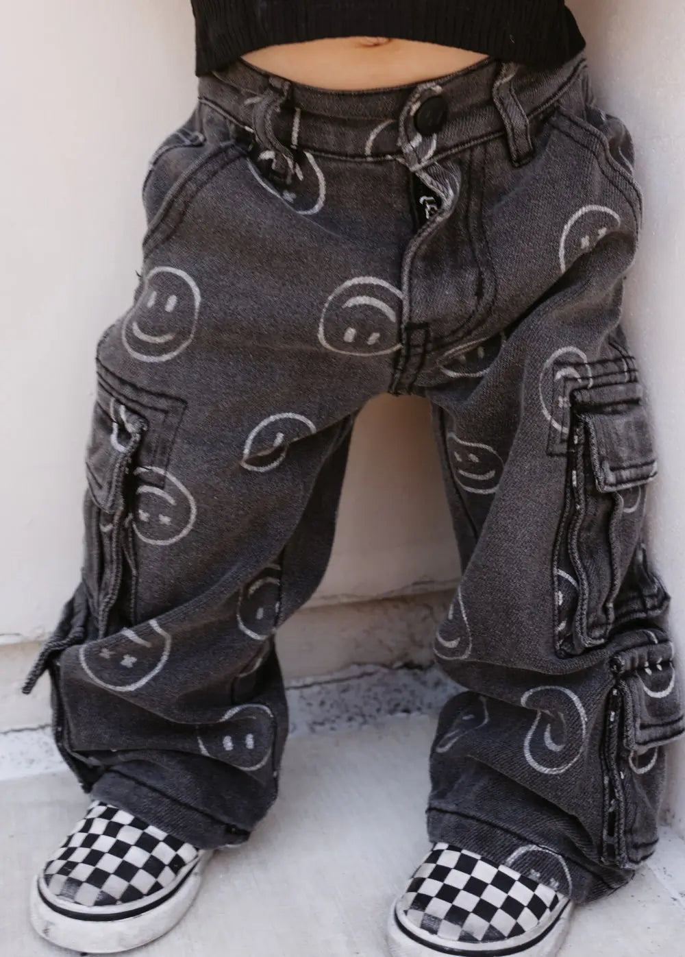 Smiley Face Baggy Jeans - Black
