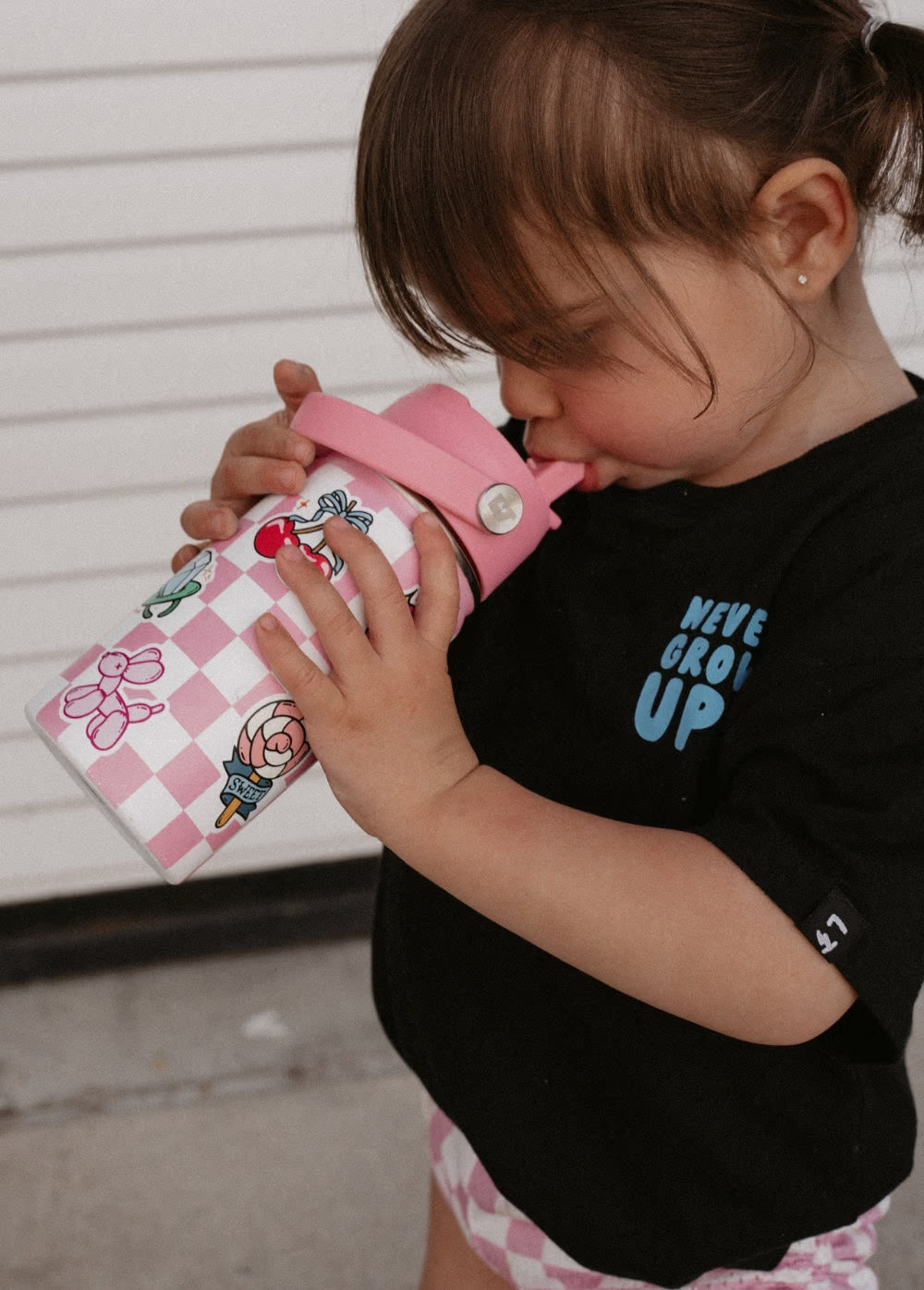 Pink Checkered Sticker Slap Water Bottle