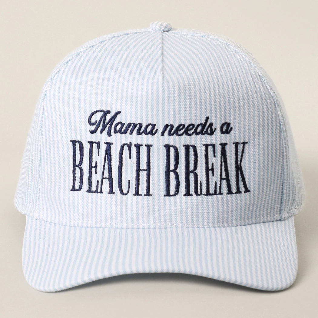 Mama Needs a Beach Break Embroidered Striped Trucker Hat - Blue