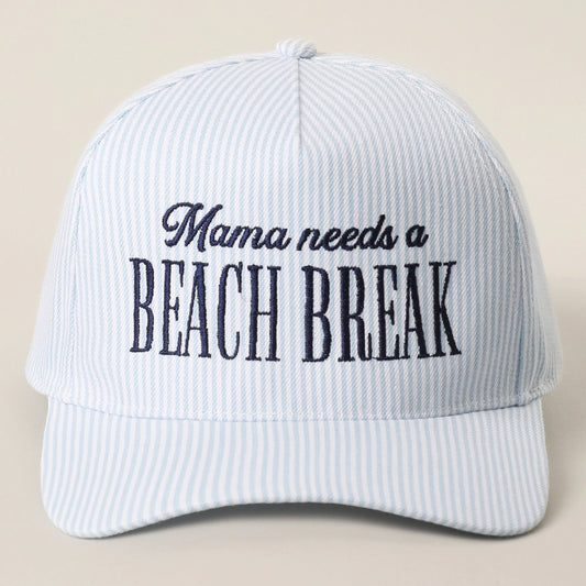 Mama Needs a Beach Break Embroidered Striped Trucker Hat - Blue