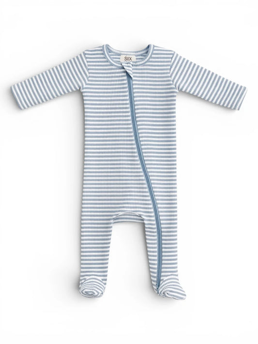 Dusty Blue Stripe / Ribbed 2-Way Zip Footie