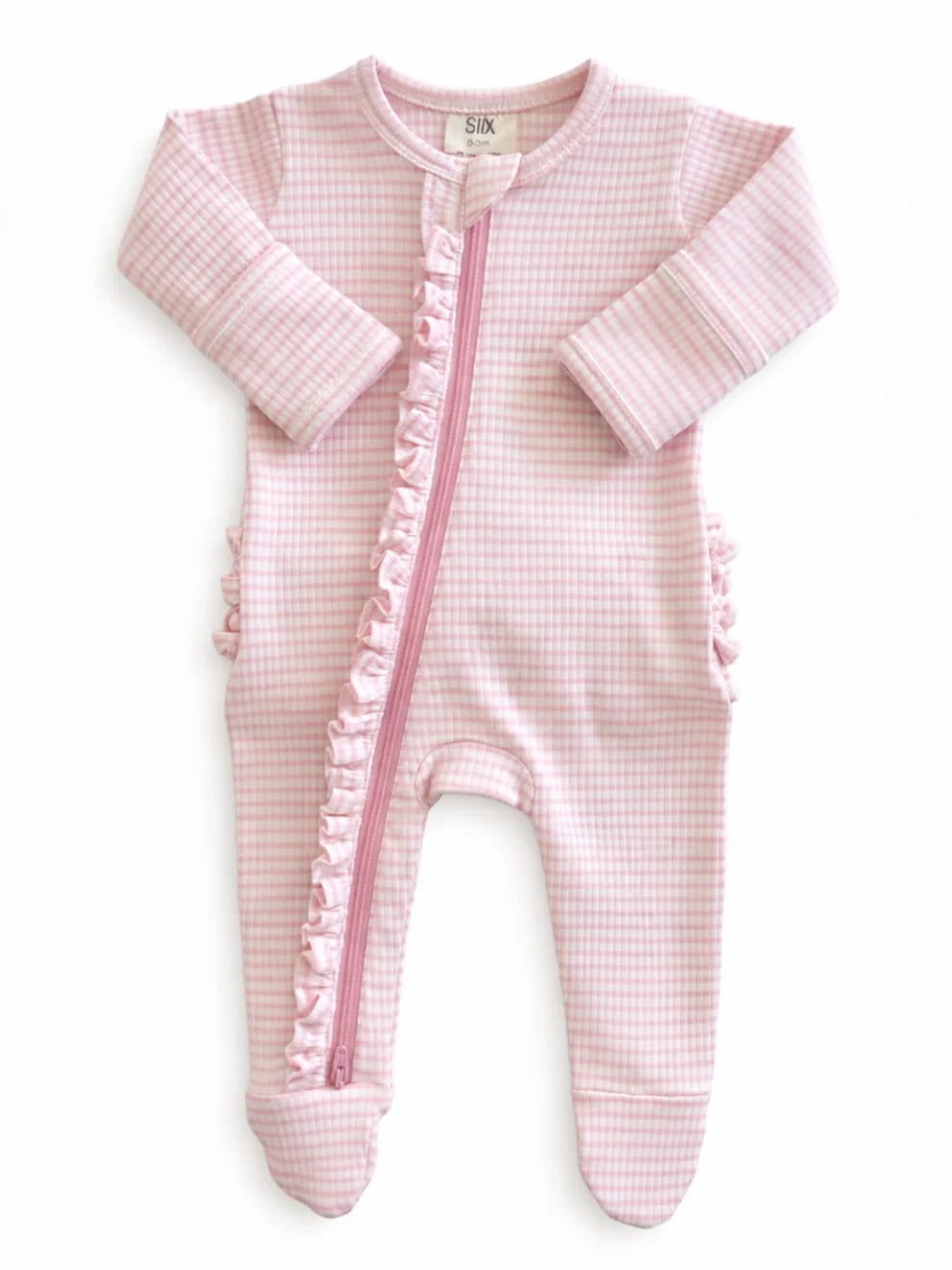 Pink Stripe Ribbed Frill 2-Way Zip Footie