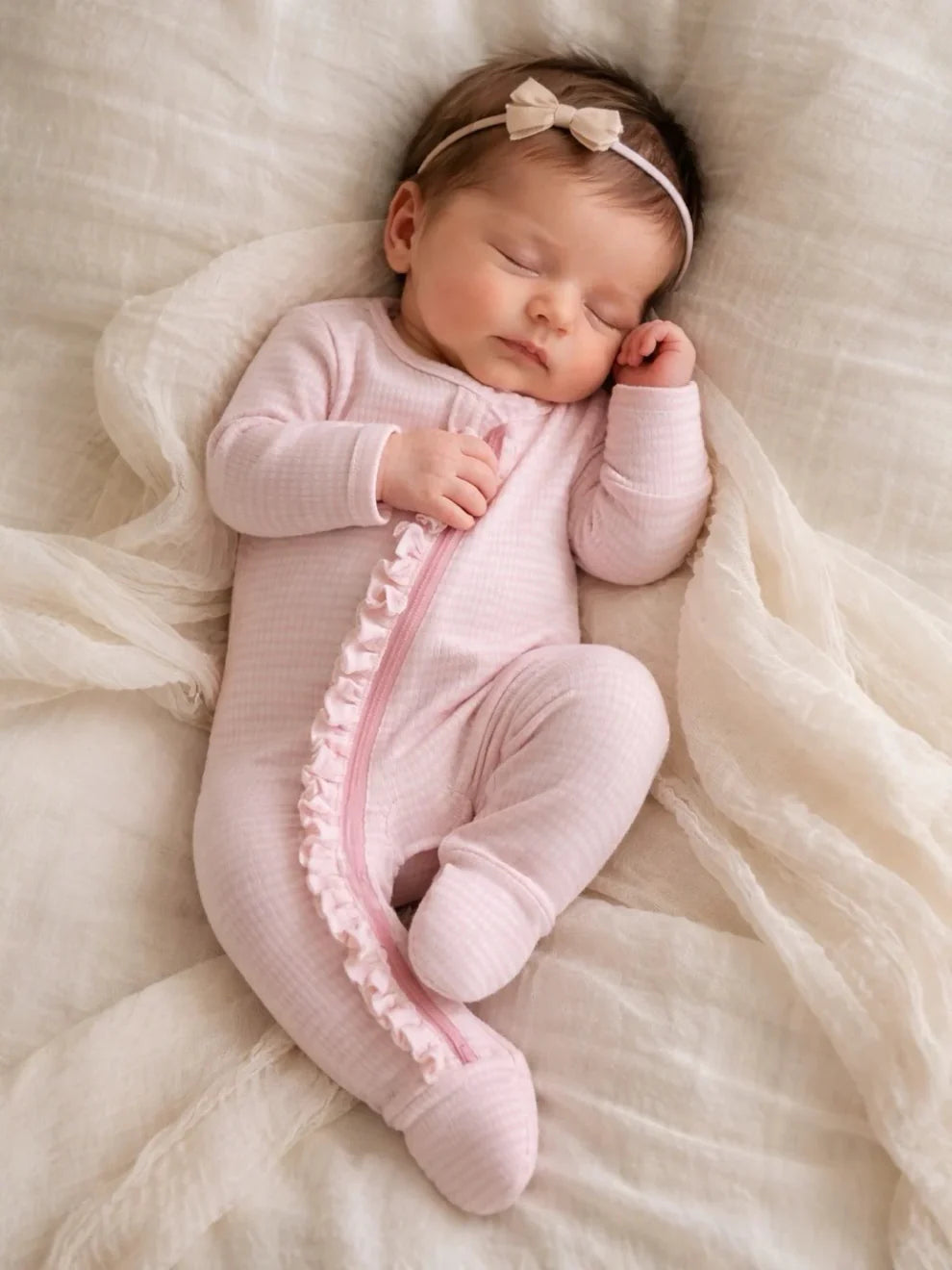 Pink Stripe Ribbed Frill 2-Way Zip Footie