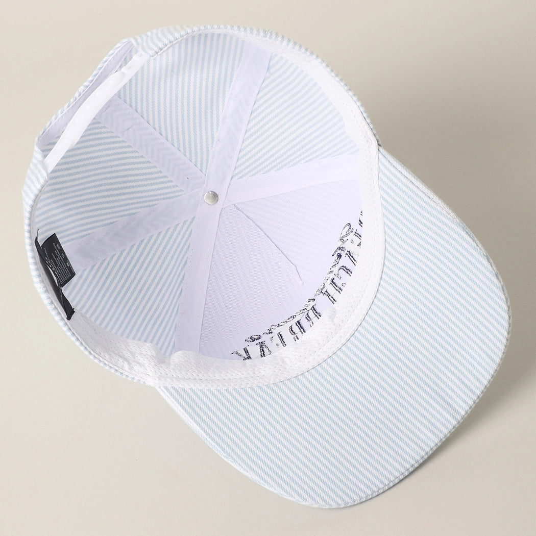Mama Needs a Beach Break Embroidered Striped Trucker Hat - Blue