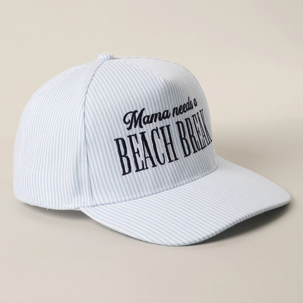 Mama Needs a Beach Break Embroidered Striped Trucker Hat - Blue
