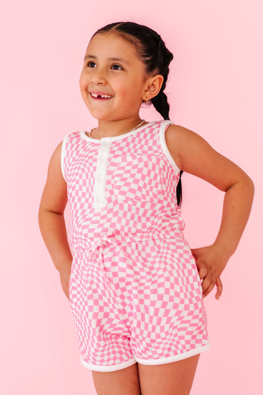 Bubblegum Wave Check Terry Tank Romper