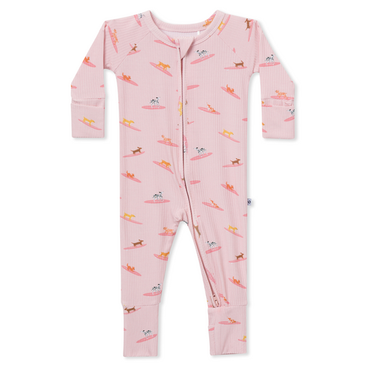 Pink Surfing Dogs Ribbed Zip Romper