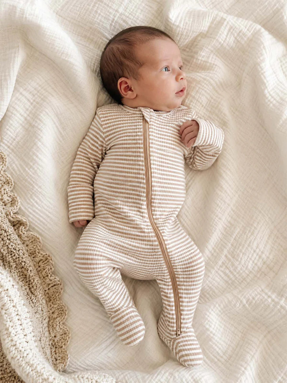 Tan Stripe / Ribbed 2-Way Zip Footie