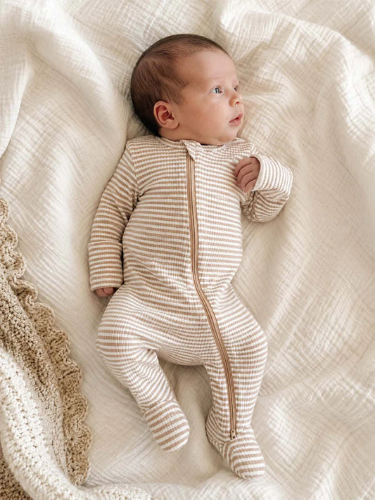 Tan Stripe / Ribbed 2-Way Zip Footie