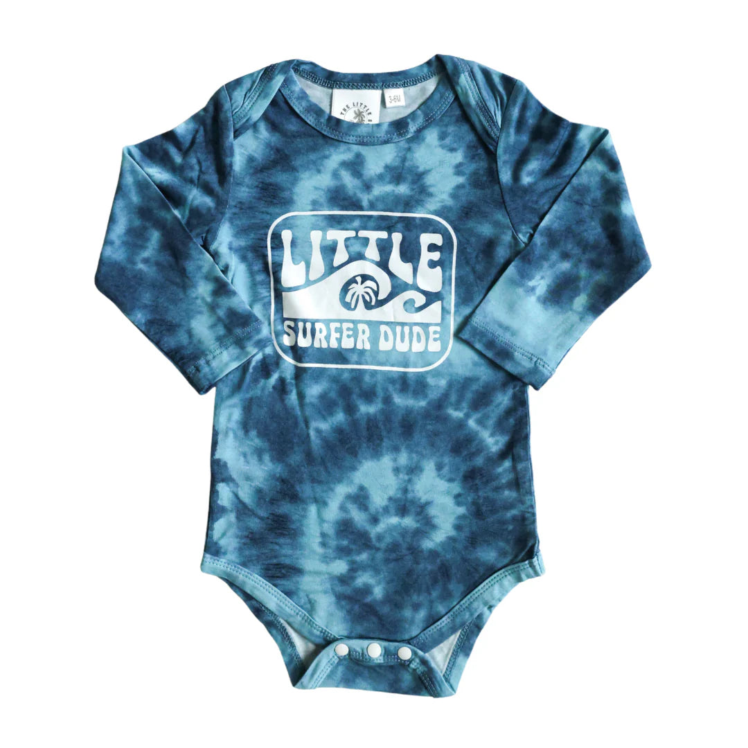 Little Surfer Dude Dark Blue Tie Dye Long Sleeve Bamboo Onesie