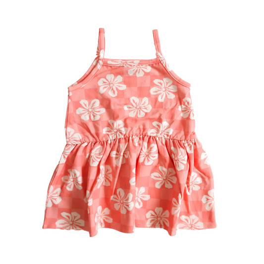 Little Surfer Girl Pink Hibiscus Checkered Dress