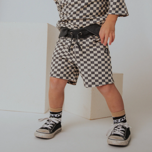 Washed Black + White Check Shorts
