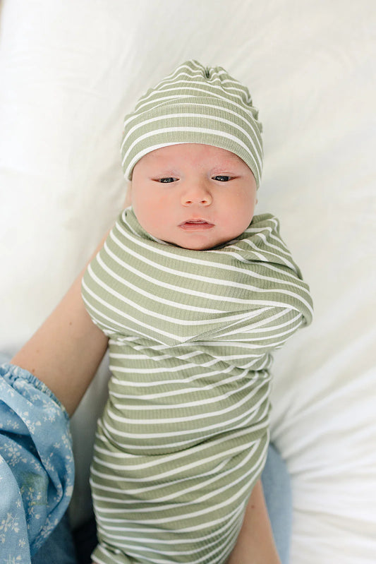 Swaddle Set - Olive Stripe Ribbed