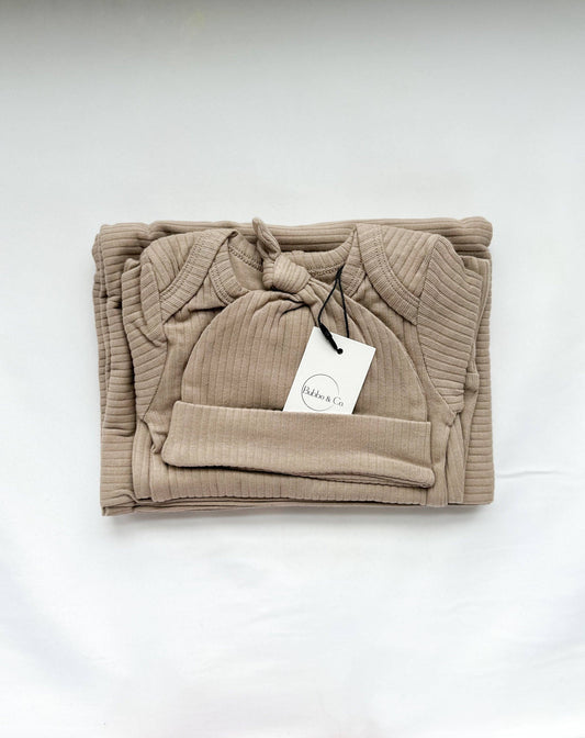 Organic Newborn Going Home Ribbed Set - Taupe