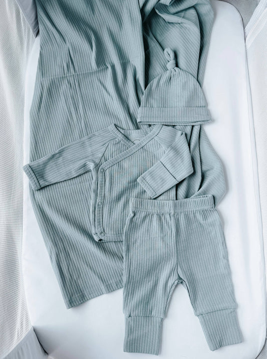 Organic Newborn Going Home Ribbed Set - Dusty Blue